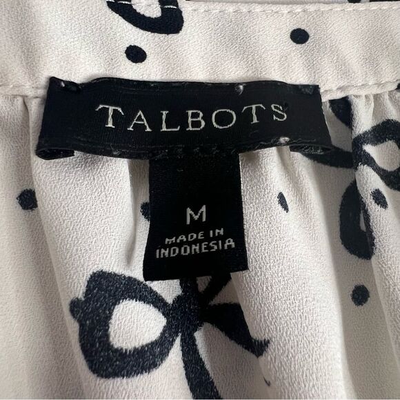 Talbots Smocked Sleeve Bow Top Womens Medium Black/White Split Neck Blouse - Picture 5 of 6